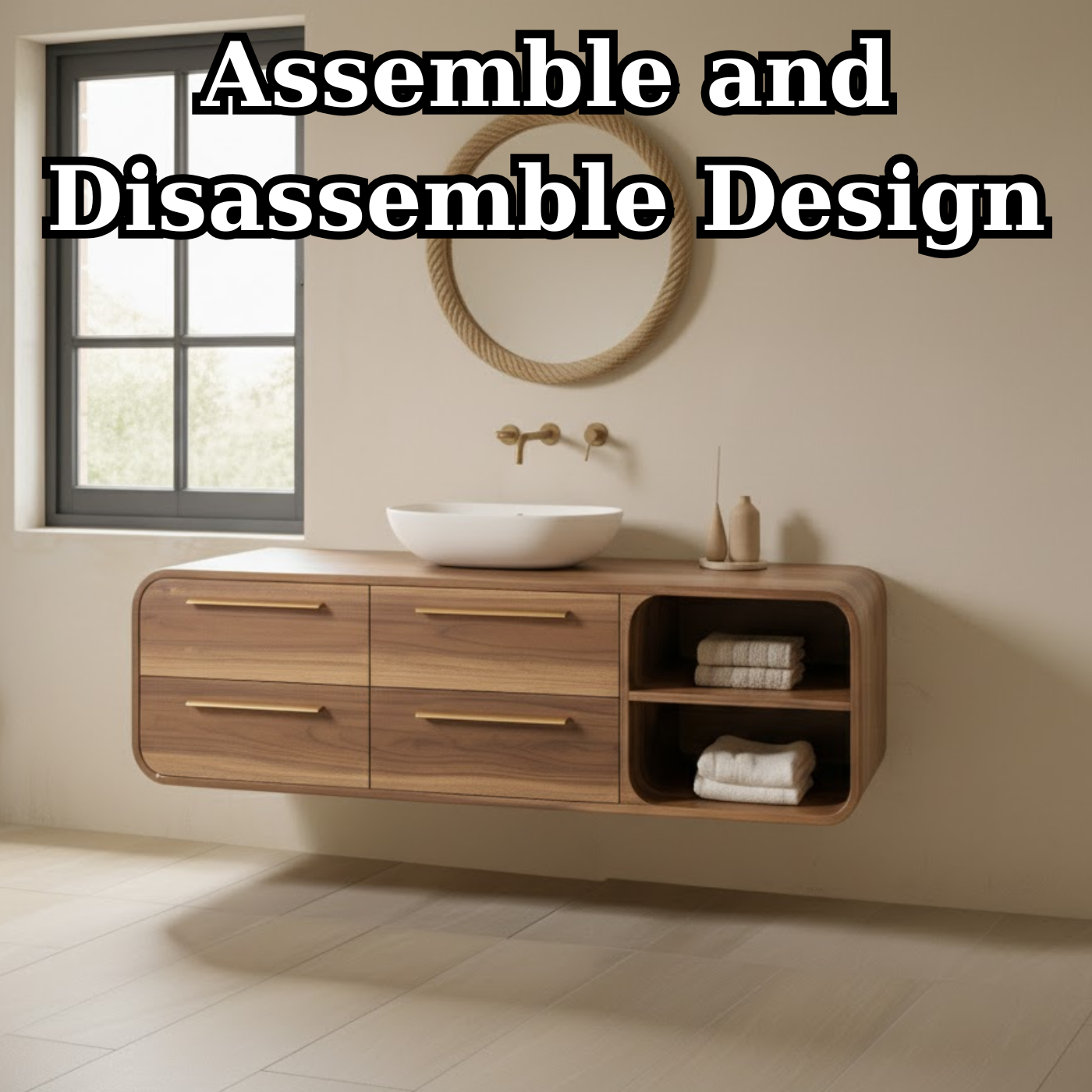 Handcrafted Solid Walnut Floating Vanity: Minimalist Gold Handle Bathroom Storage Lynnsnail
