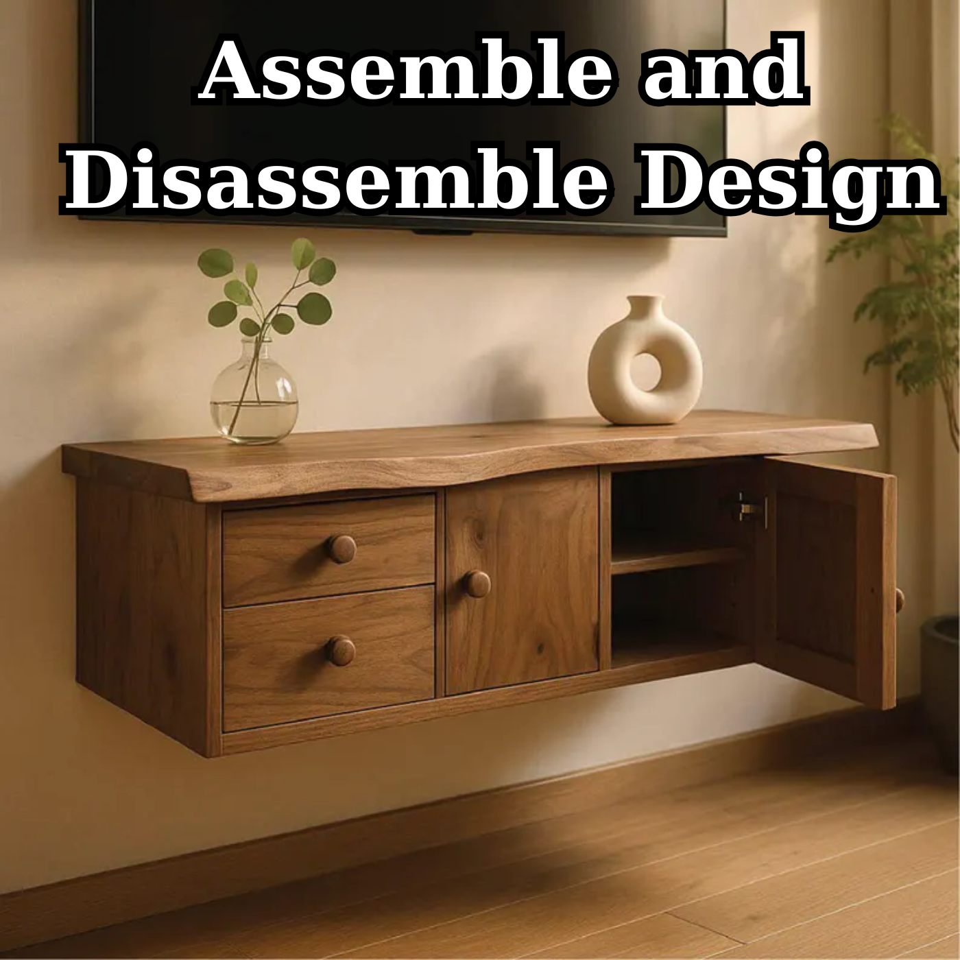 Handcrafted Solid Wood Floating TV Stand, Live Edge Media Console with Cabinet & Drawers Lynnsnail