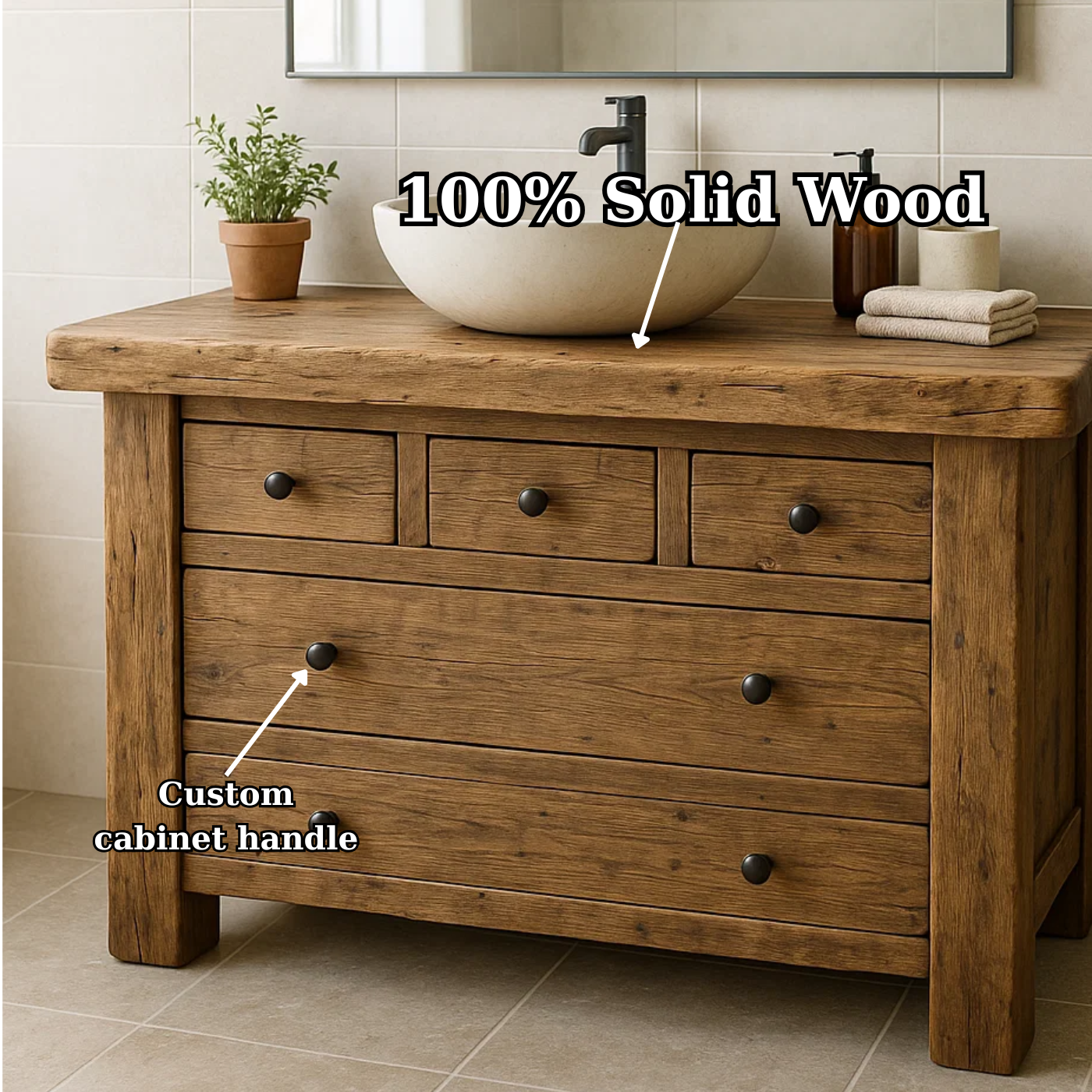 Handcrafted Solid Wood Single Bathroom Vanity - Rustic Storage Cabinet with Drawers Lynnsnail