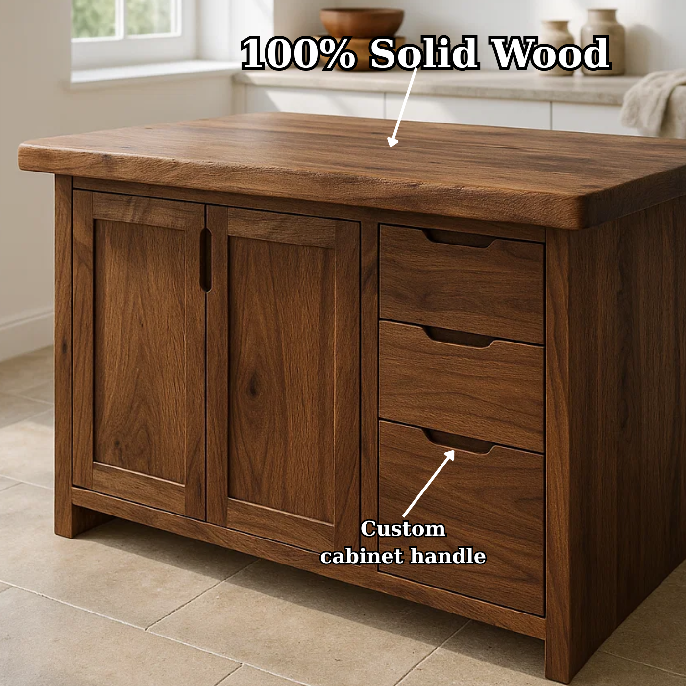 Handcrafted Soild Wood Kitchen Island - Modern Storage Cabinet & Prep Station Lynnsnail