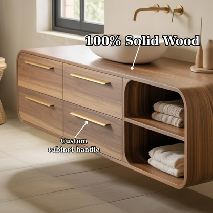 Handcrafted Solid Walnut Floating Vanity: Minimalist Gold Handle Bathroom Storage Lynnsnail