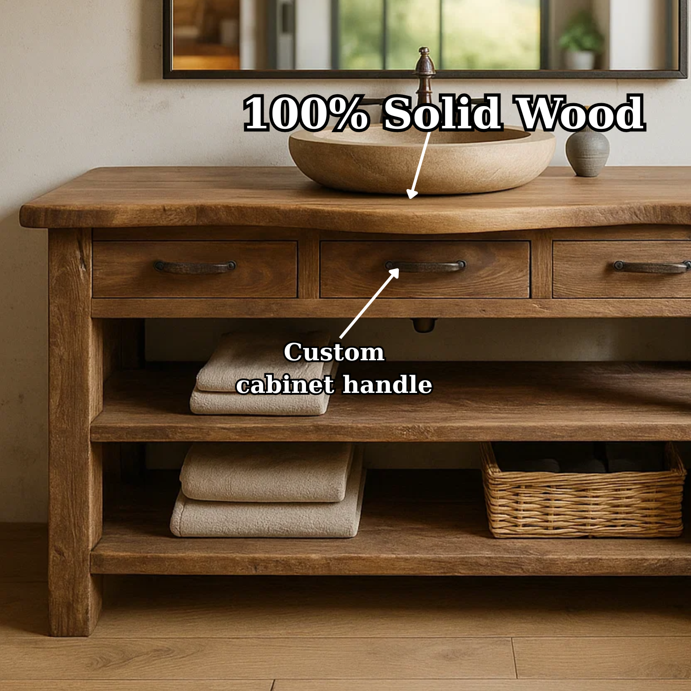 Handcrafted Solid Wood Bathroom Vanity with Curved Live-Edge Top and Triple Storage Drawers Lynnsnail