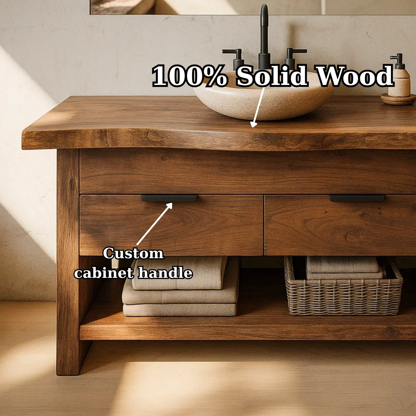 Handcrafted Solid Wood Bathroom Vanity with Live Edge Top and Open Storage Shelf Lynnsnail
