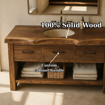 Handcrafted Solid Wood Bathroom Vanity with Live Edge Top, Triple Drawers & Open Storage Shelf Lynnsnail