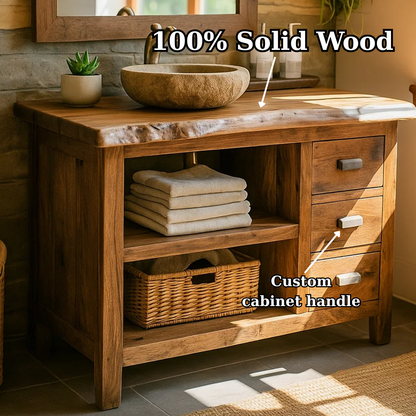 Handcrafted Solid Wood Bathroom Vanity with Live-Edge Top and Spacious Open Storage Lynnsnail