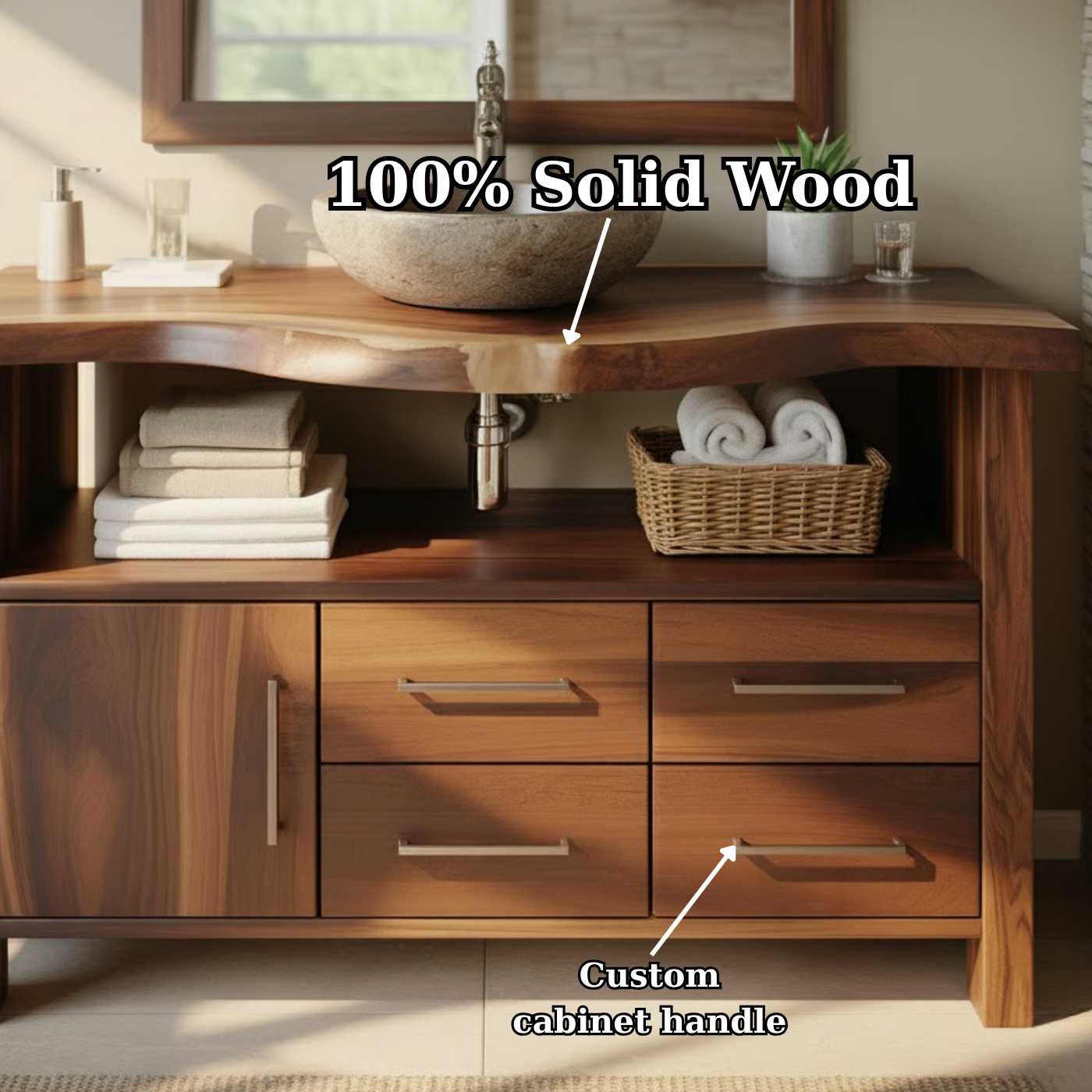 Handcrafted Solid Wood Bathroom Vanity with Live Edge Walnut Top and Storage Cabinet