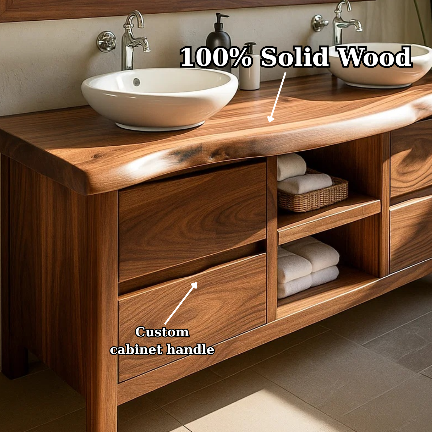 Handcrafted Solid Wood Bathroom Vanity - Live Edge Walnut, Drawers & Open Shelving Lynnsnail