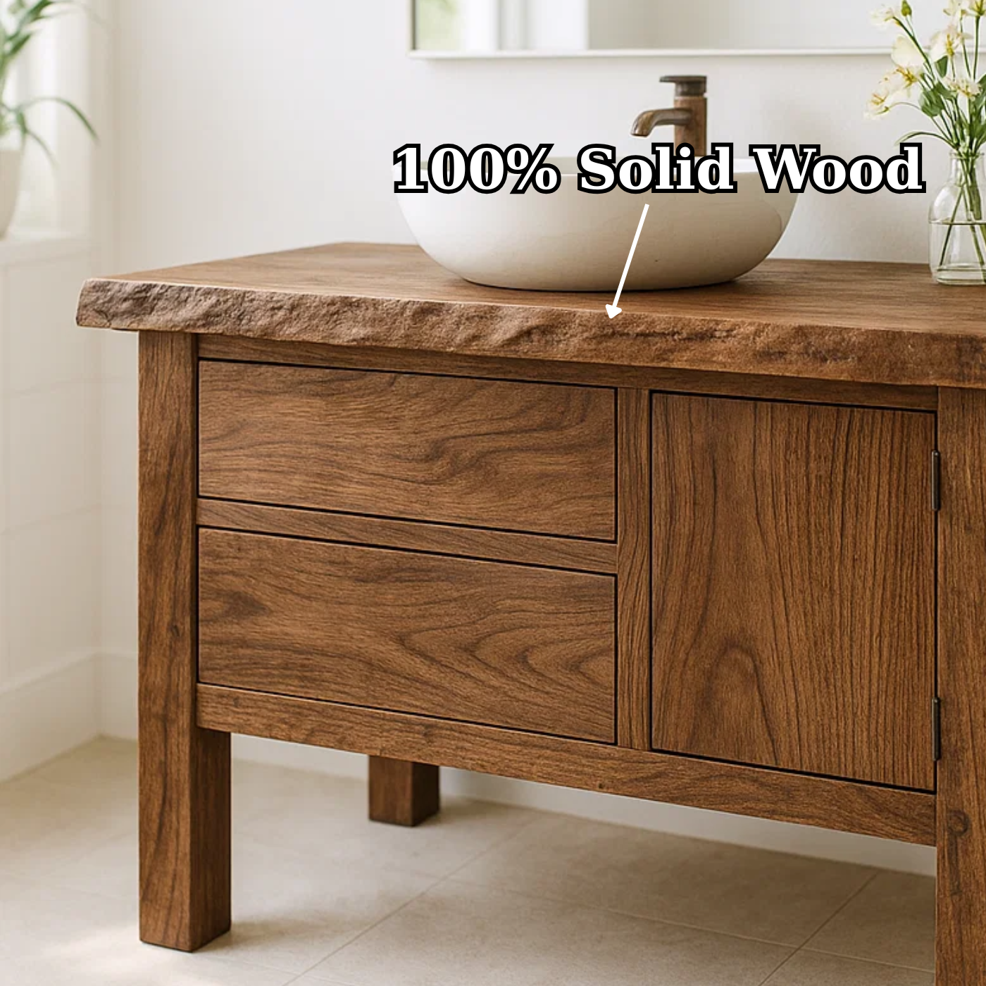 Handcrafted Solid Wood Bathroom Vanity - Live Edge Top, 2 Drawers & Single Door Cabinet Lynnsnail
