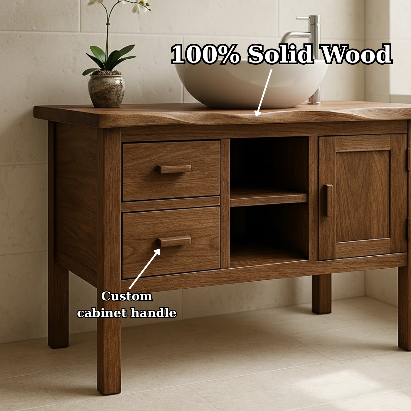 Handcrafted Solid Wood Bathroom Vanity - Live Edge Top, 2 Drawers & Open Frame Shelving (Copy) Lynnsnail