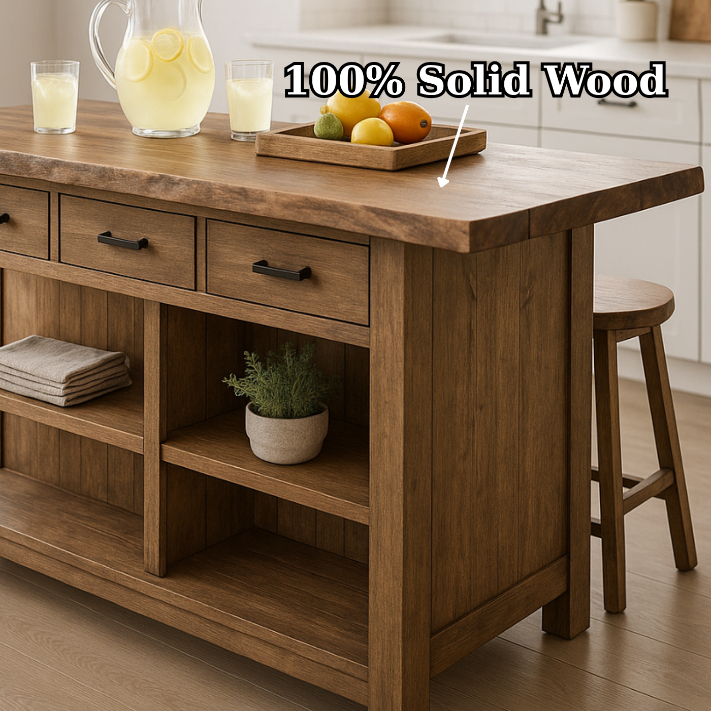 Handcrafted Solid Wood Kitchen Island - Rustic Top, 3 Drawers & Open Shelving