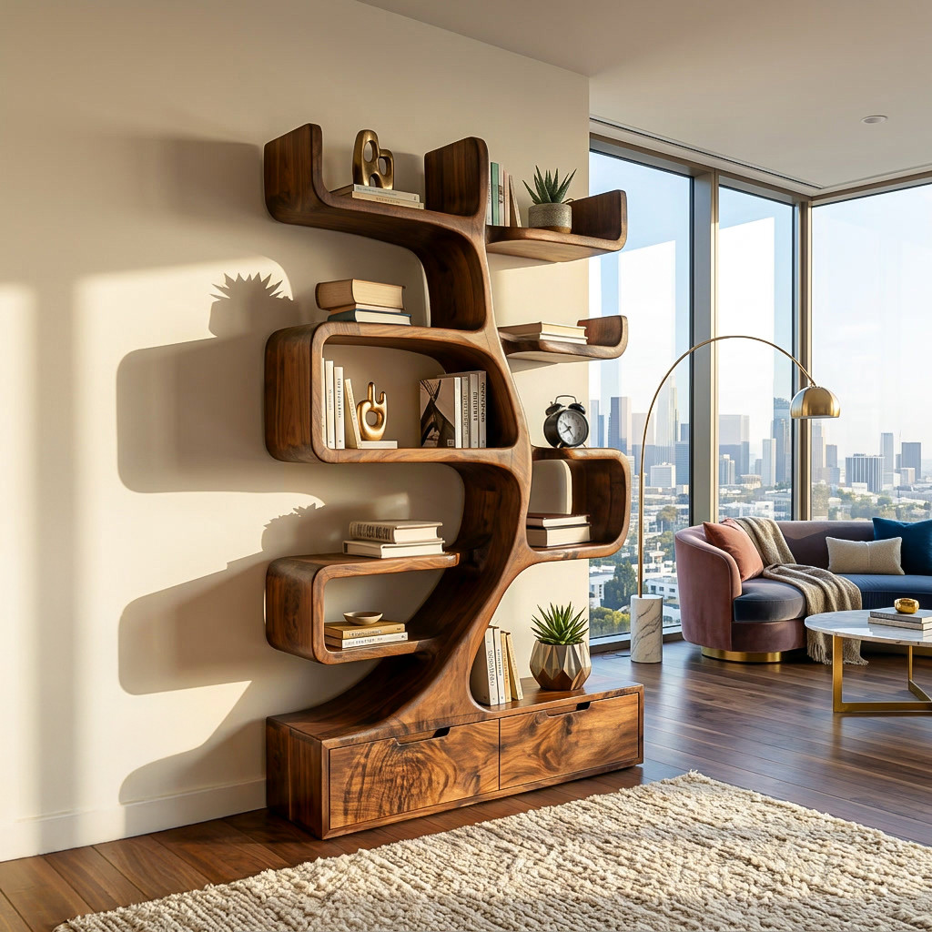 Wooden Bookcase With Tiers And Built-in Drawers For Home Lynnsnail
