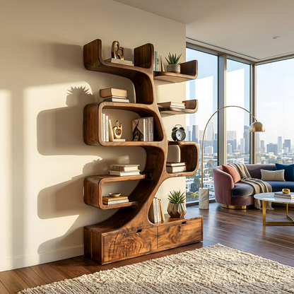Wooden Bookcase With Tiers And Built-in Drawers For Home Lynnsnail