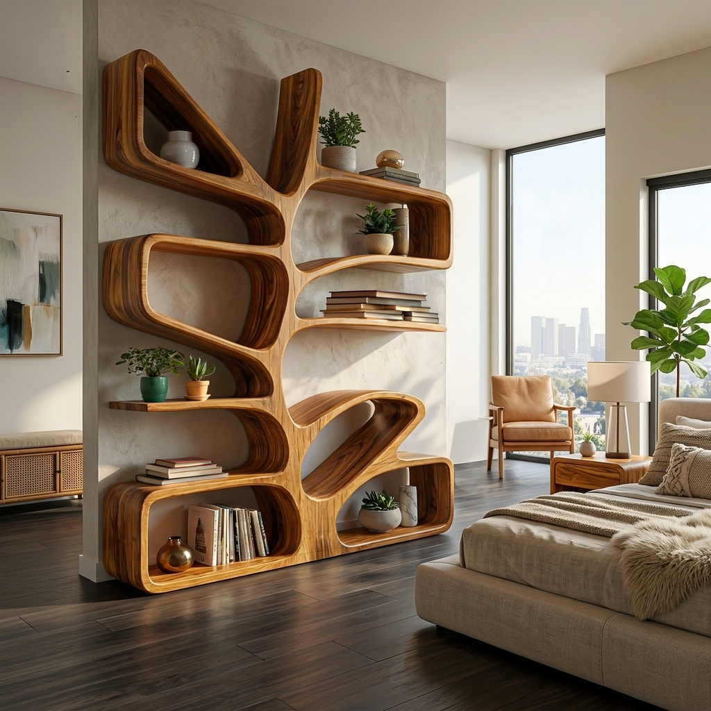 Organic Wooden Bookcase With Sculptural Form For Living Space Lynnsnail