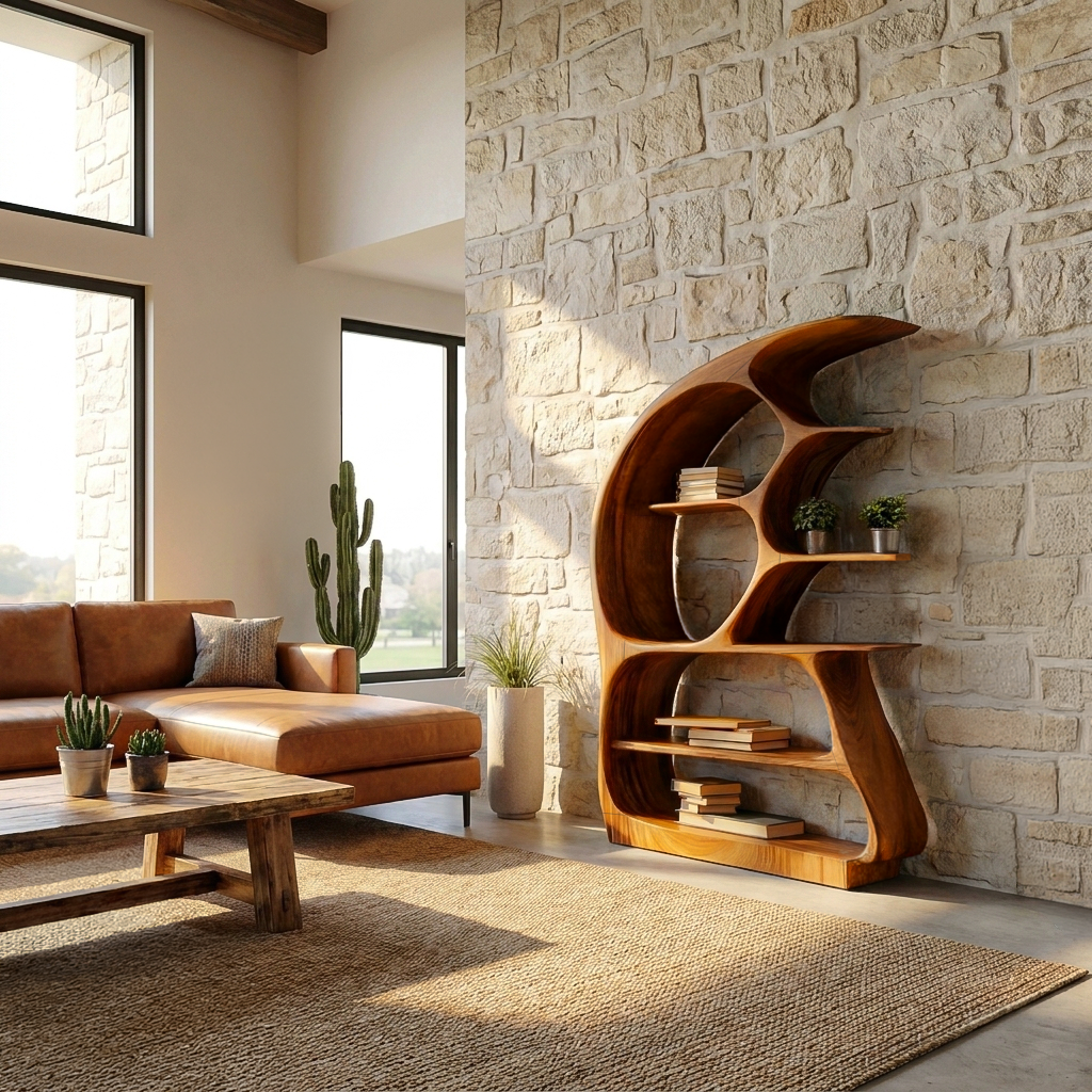 Contemporary Sculptural Wood Bookshelf For Living Room Decor Lynnsnail