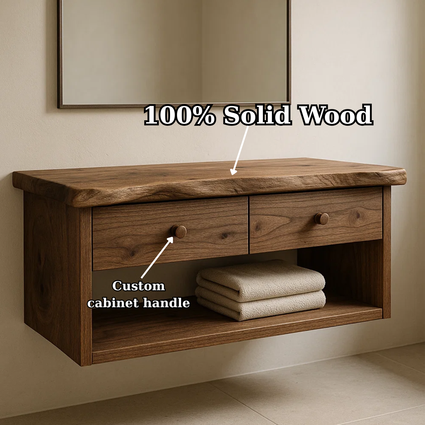 Handcrafted Solid Wood Floating Vanity - Live Edge Walnut Console with 2 Drawers & Open Shelf Lynnsnail