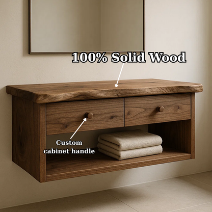 Handcrafted Solid Wood Floating Vanity - Live Edge Walnut Console with 2 Drawers & Open Shelf Lynnsnail
