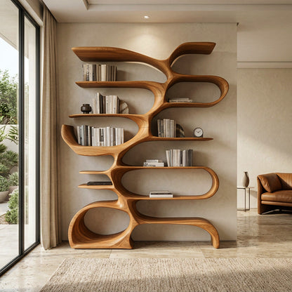 Sculptural Wooden Bookcase For Modern Living Room Storage Lynnsnail