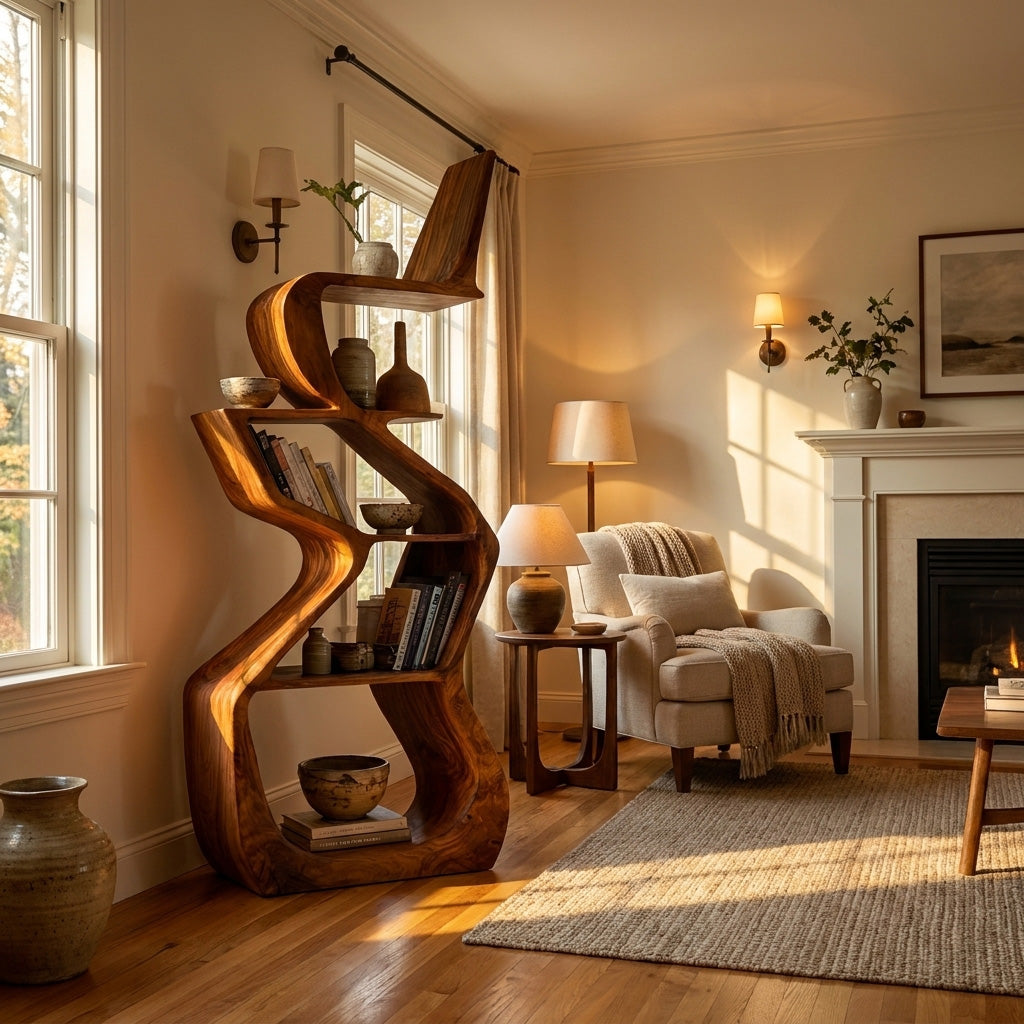Sculptural Wooden Bookshelf For Living Room Corner Lynnsnail