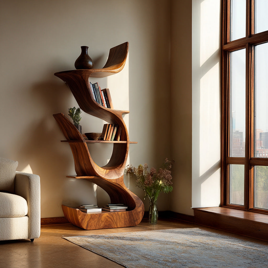 Contemporary Organic Wooden Bookshelf For Living Room Corner Lynnsnail