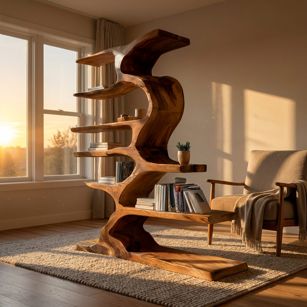 Organic Sculptural Wooden Bookshelf With Tiers For Living Room Lynnsnail