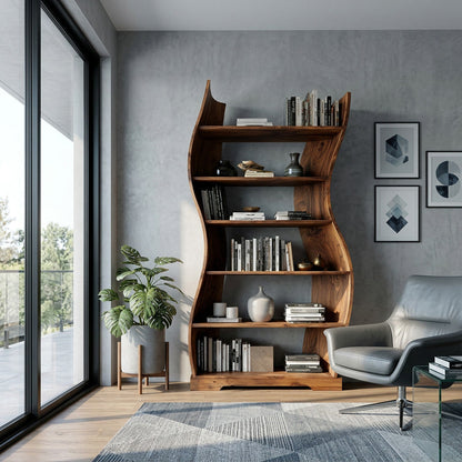 Contemporary Flowing Wooden Bookshelf For Living Room Lynnsnail