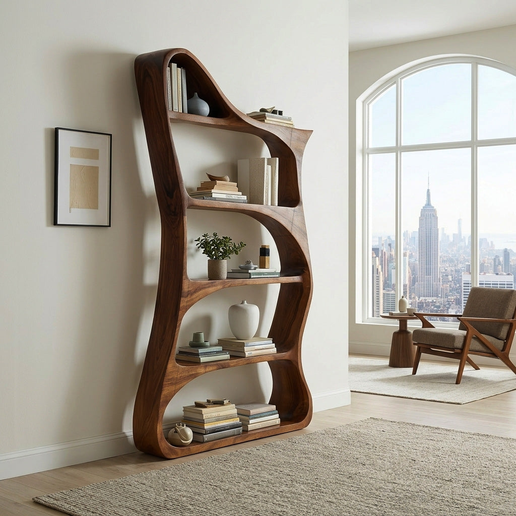 Modern Sculptural Natural Wood Bookshelf For Living Room Lynnsnail