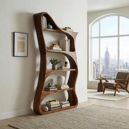 Modern Sculptural Natural Wood Bookshelf For Living Room Lynnsnail