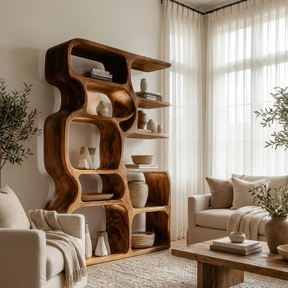 Minimalist Artistic Natural Wood Bookshelf For Living Room Lynnsnail