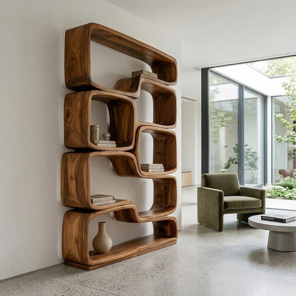 Contemporary Sculptural Natural Wood Bookshelf For Living Room Lynnsnail
