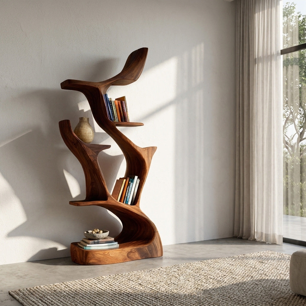 Abstract Sculptural Wooden Bookshelf For Living Room Lynnsnail