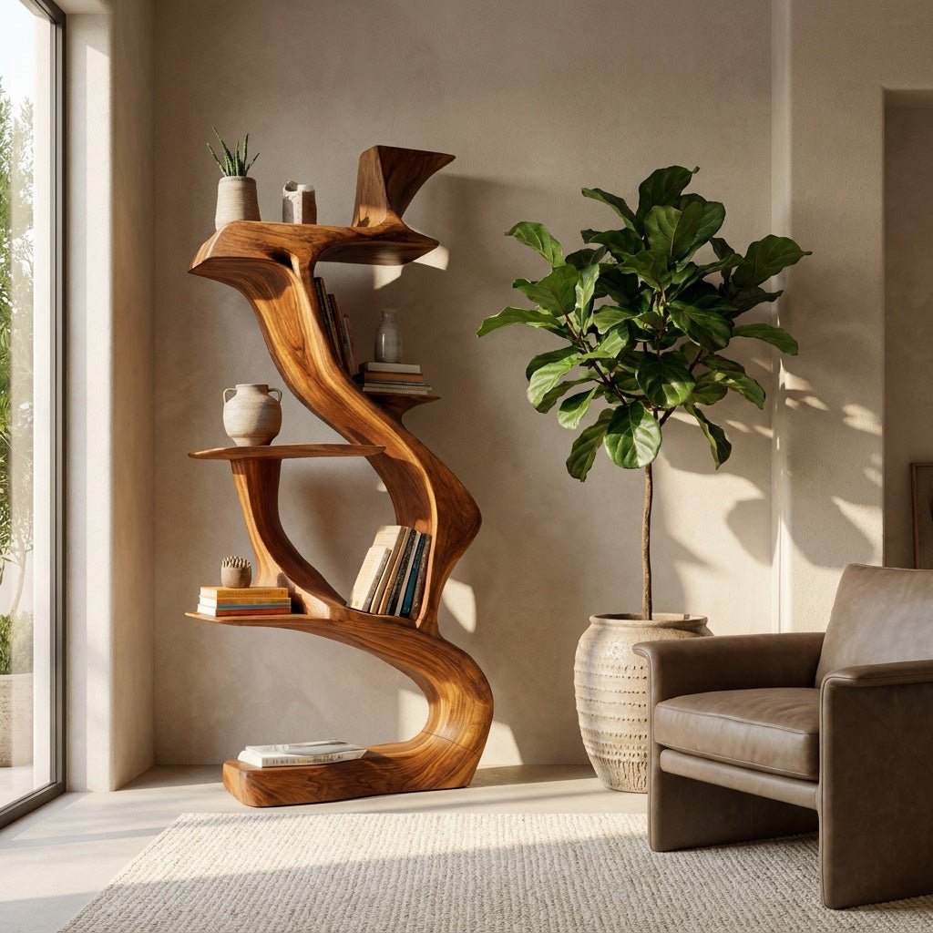 Sculptural Natural Wood Bookshelf For Living Room Lynnsnail