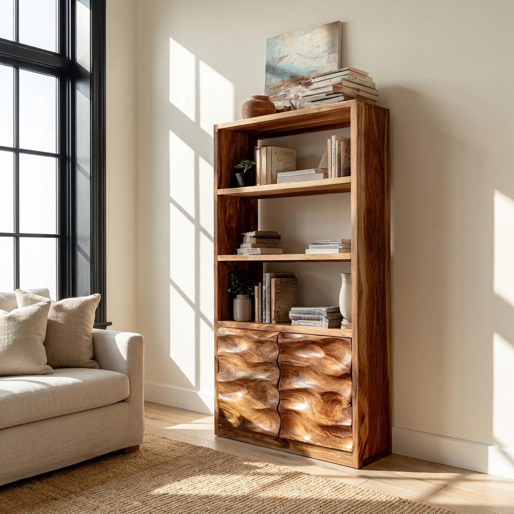 Minimal Wooden Bookshelf With Wavy Drawer Front For Home Lynnsnail