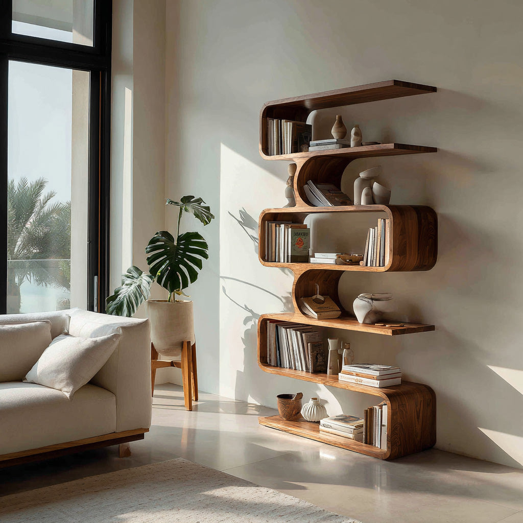 Handcrafted Wooden Bookshelf With Sculpture Edges For Living Room Lynnsnail