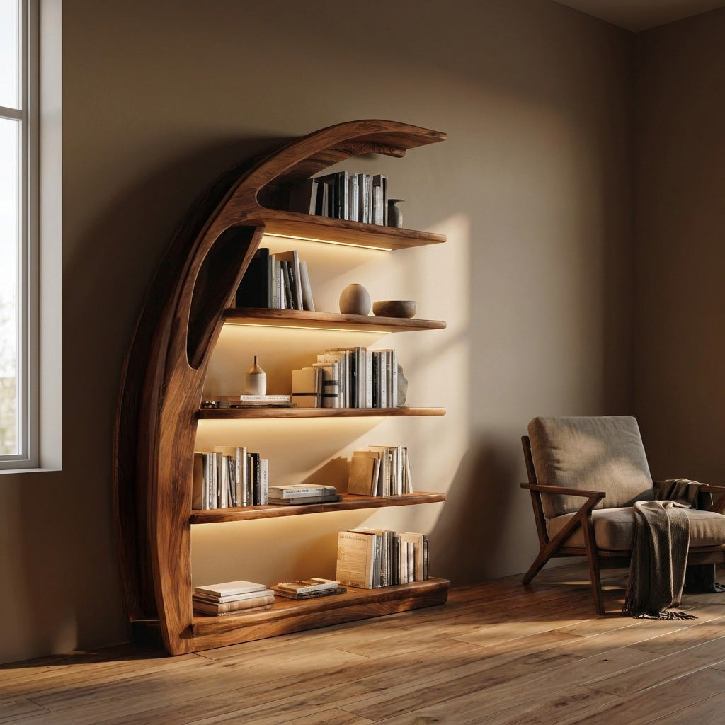 Minimal Curved Wooden Bookshelf For Living Room Display Lynnsnail