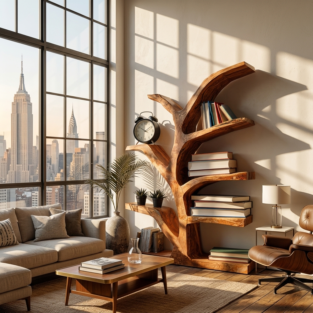 Wooden Bookshelf With Organic Form For Living Area Lynnsnail