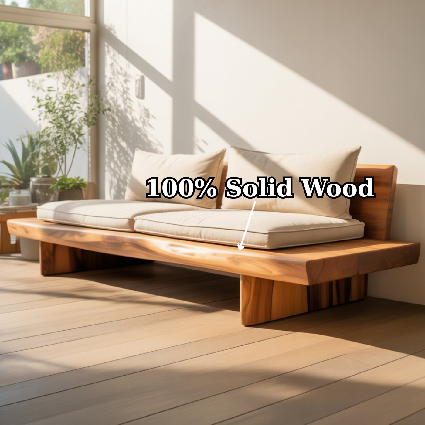 Handcrafted Solid Wood Sofa – Low Minimalist Design with Natural Live Edge and Linen Cushions Lynnsnail