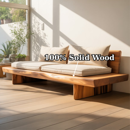 Handcrafted Solid Wood Sofa – Low Minimalist Design with Natural Live Edge and Linen Cushions Lynnsnail