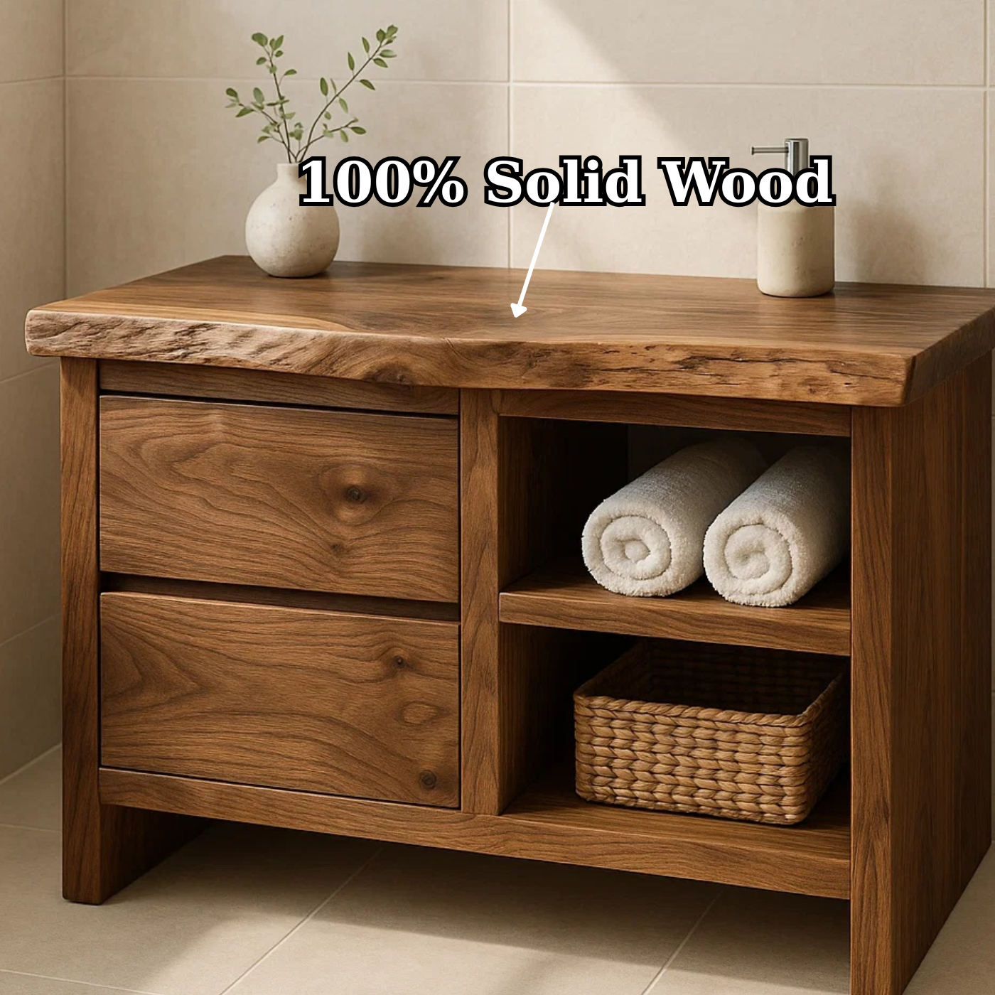 Handcrafted Solid Wood Bathroom Vanity - Rustic Drawers & Open Shelf Lynnsnail