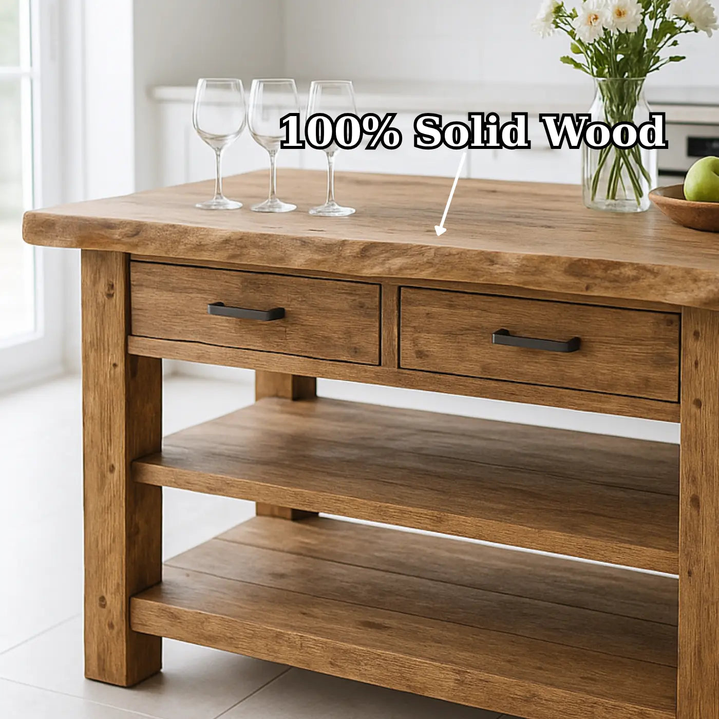 Handcrafted Solid Wood Kitchen Island - Live-Edge Top, 2 Drawers & Shelves Lynnsnail