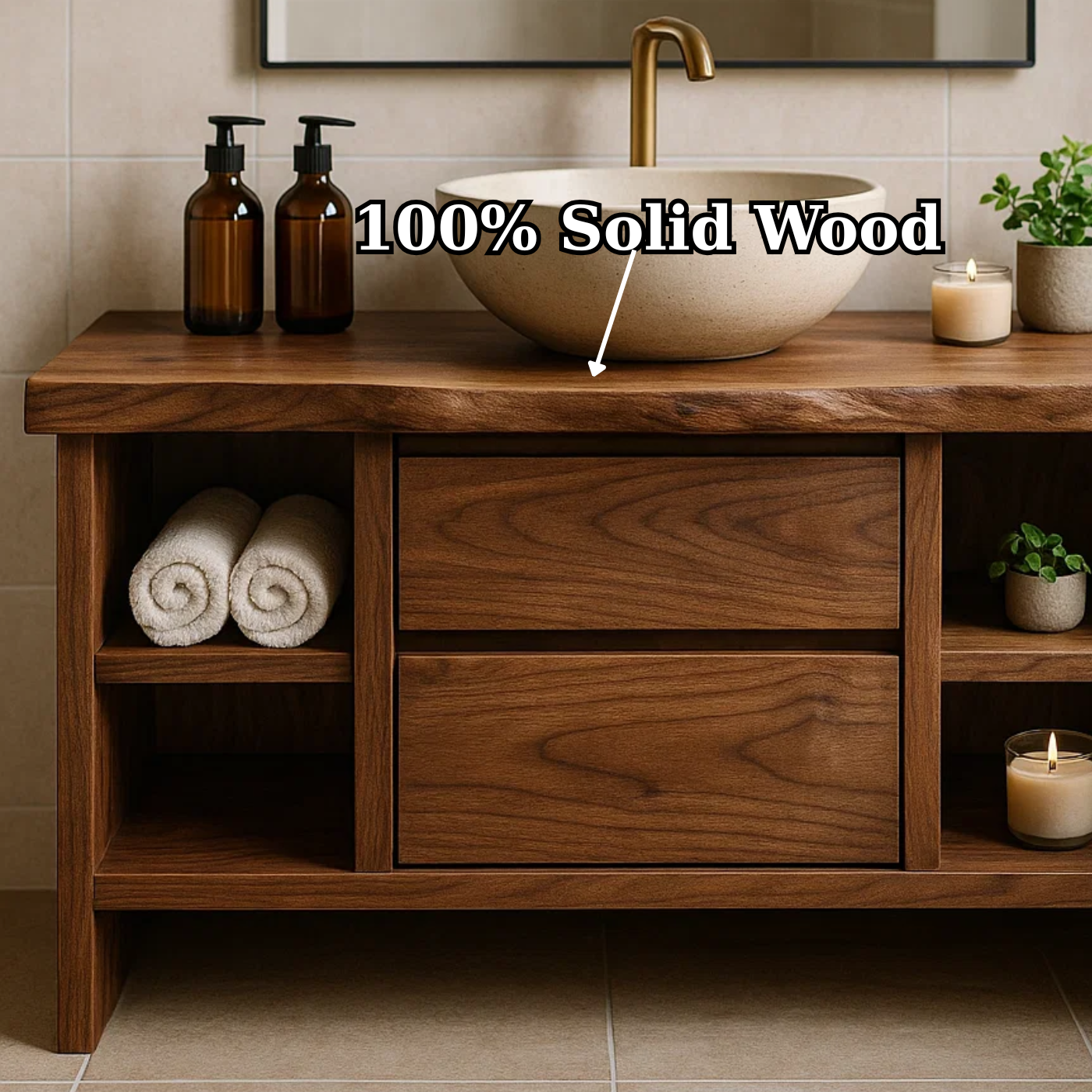 Handcrafted Solid Wood Single Vanity - Rustic Walnut Live Edge Bathroom Console Lynnsnail