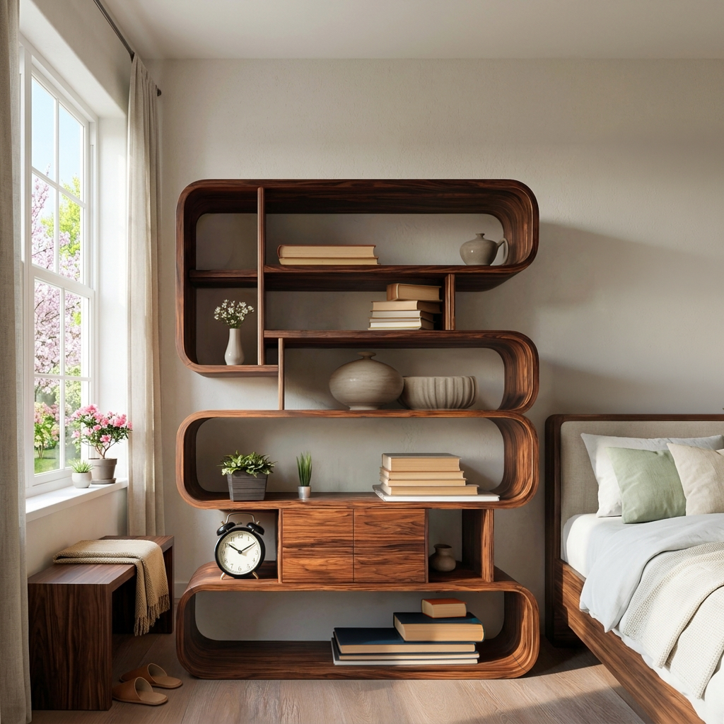 Statement Natural Wood Bookshelf With Rounded Form For Home Lynnsnail