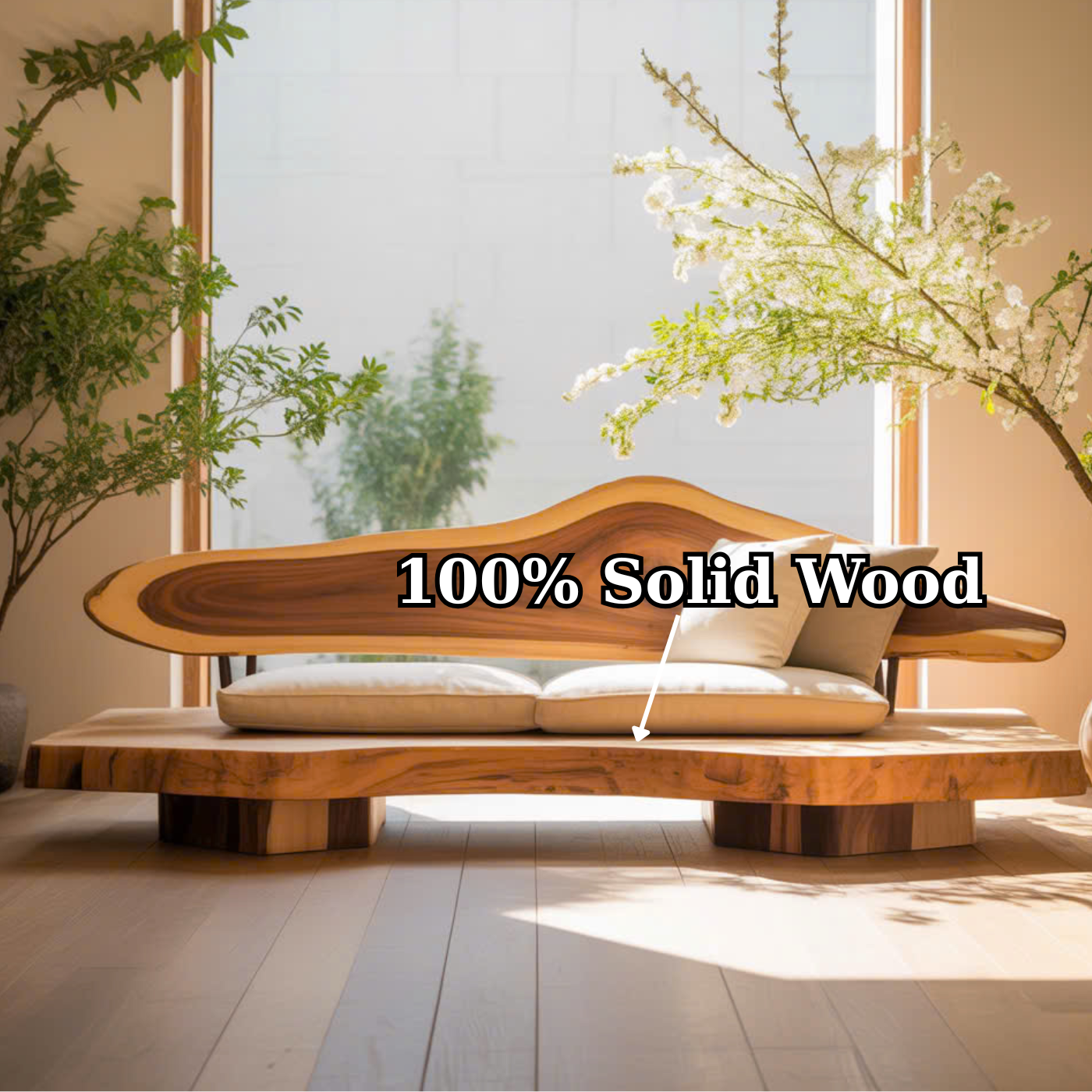 Handcrafted Solid Wood Sofa – Sculptural Live Edge Couch with Organic Form and Linen Cushions Lynnsnail