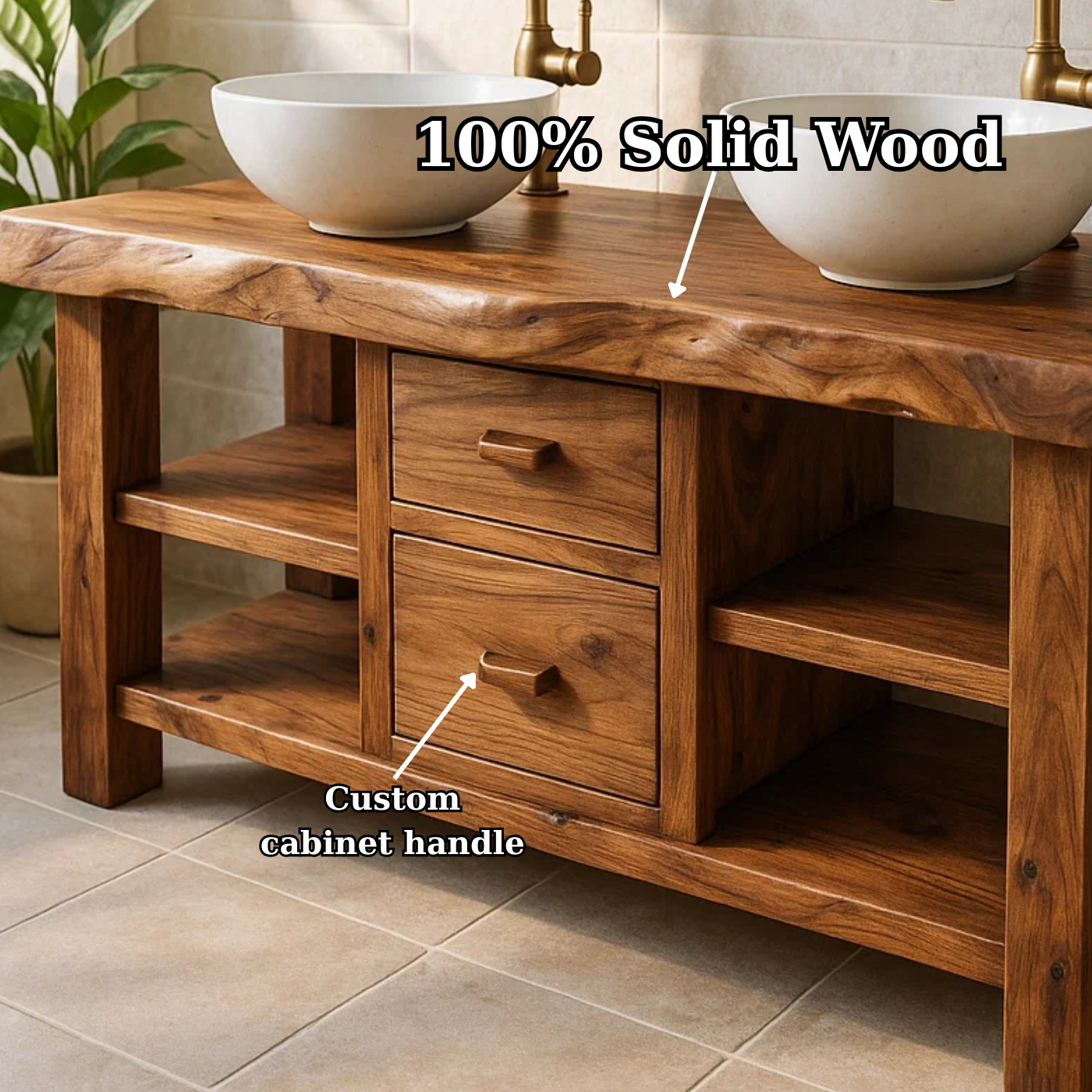 Handcrafted Solid Wood Floating Double Vanity - Live Edge Top, 2 Drawers & Open Shelves Lynnsnail