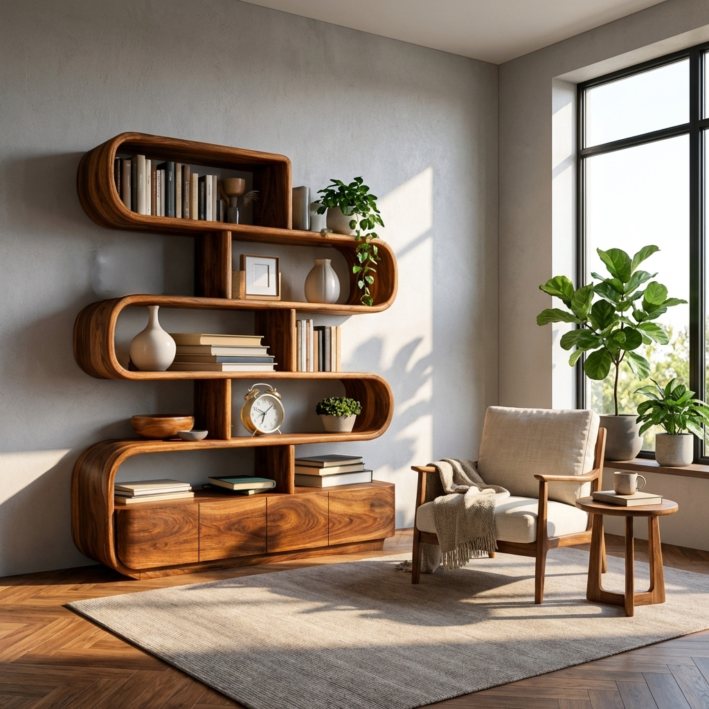 Organic Wooden Bookshelf With Flowing Form For Home Interior Lynnsnail