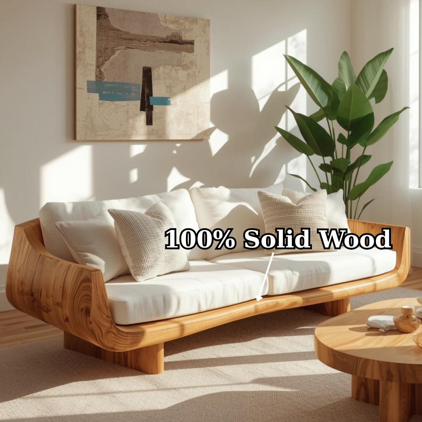 Handcrafted Solid Wood Sofa – Modern Curved Frame with Linen Cushions and Natural Finish Lynnsnail