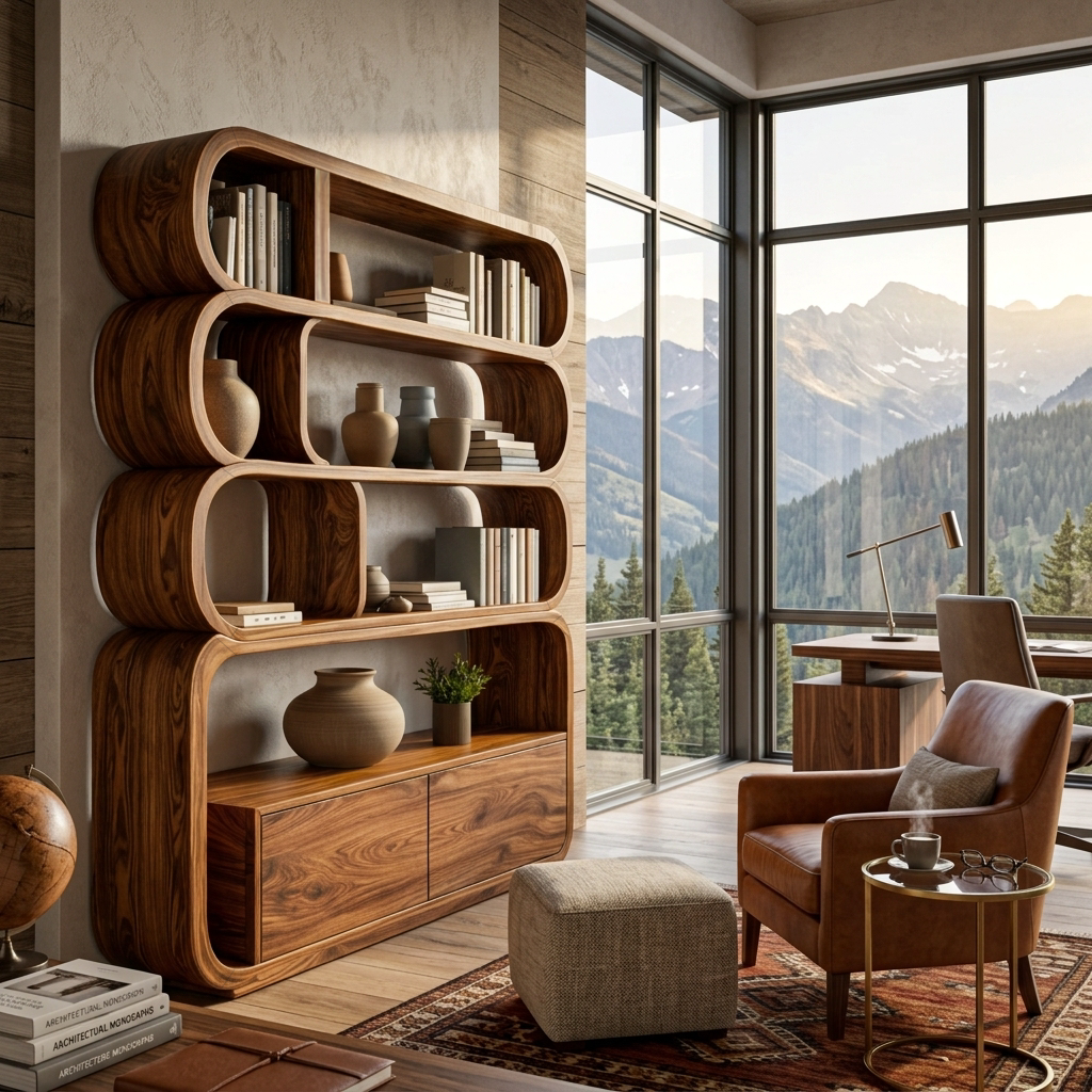 Modern Natural Wood Bookshelf With Curved Structure For Living Room Lynnsnail