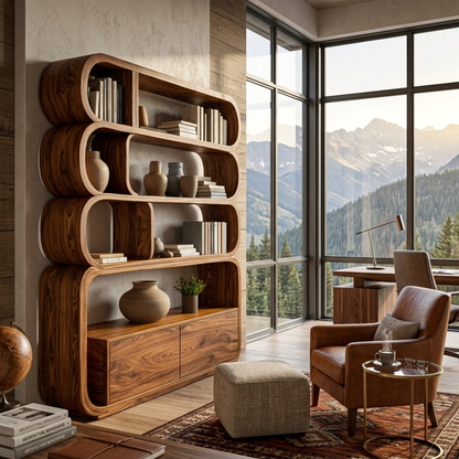 Modern Natural Wood Bookshelf With Curved Structure For Living Room Lynnsnail
