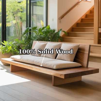 Handcrafted Solid Wood Sofa – Low Japanese Style Couch with Minimalist Design and Linen Cushions Lynnsnail