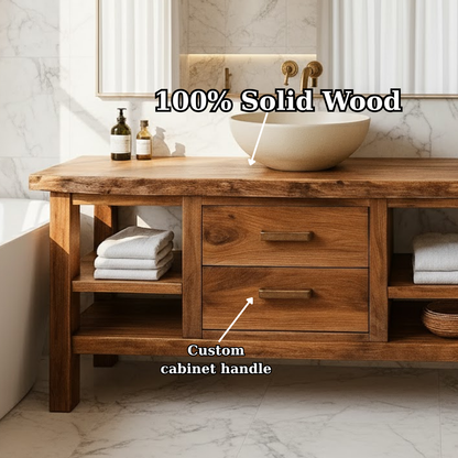 Handcrafted Solid Wood Bathroom Vanity - Live Edge Top, 2 Drawers & Open Frame Shelving Lynnsnail