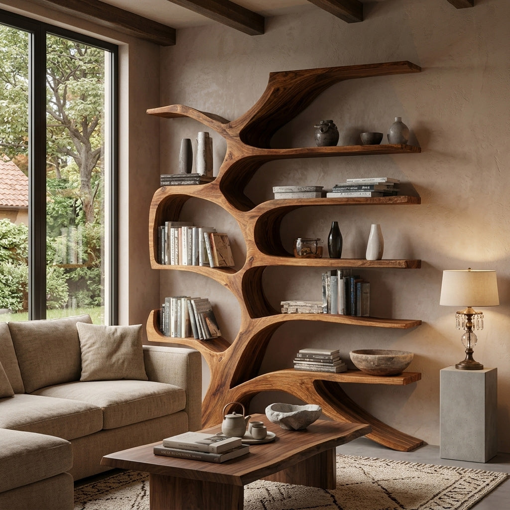 Contemporary Sculpted Wooden Bookshelf For Living Room Decor Lynnsnail